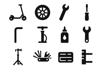 Obraz premium Micro mobility icon scooter brake tool alignment wheel chain multitool pump vector