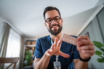 Doctor discussing birth control pills during telemedicine consultation