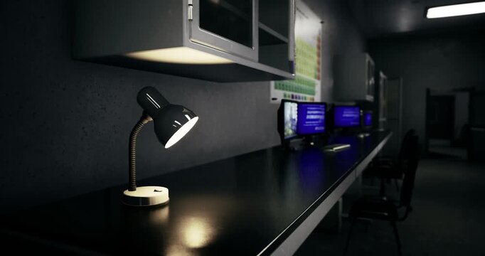 A stylish workspace features a glowing desk lamp casting warm light on a sleek black surface. Multiple monitors display vibrant content, creating a tech savvy atmosphere perfect for productivity.