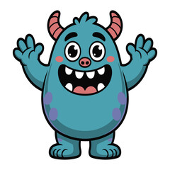Fototapeta premium Cute and friendly blue monster with big smile and horns