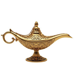 Golden oil lamp professional studio shot of highly detailed Aladdin style magic lamp isolated on clean background