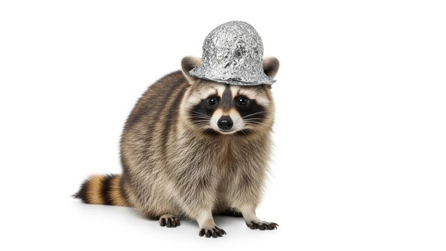 raccoon wearing a tinfoil hat, paranoid, paranoia, on a white background, animal photo