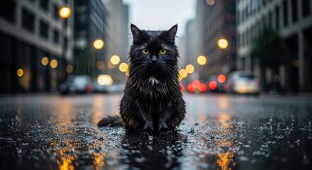Cat sitting in the rain on a city street at night