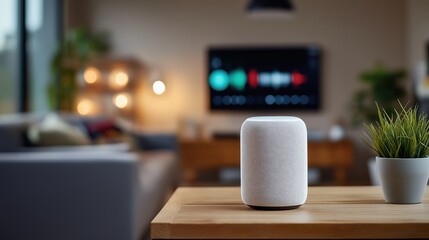 Smart speaker with half-lit LED ring under mixed warm and cool ambient lighting.