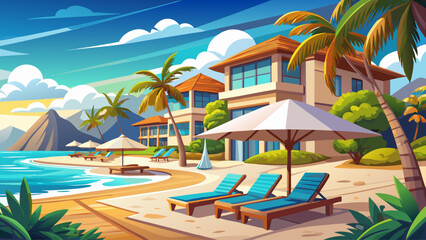Luxury beach resort featuring sun loungers on pristine sand with panoramic ocean views. Bright tropical sunlight, serene atmosphere, and elegant coastal architecture perfect for travel, tourism