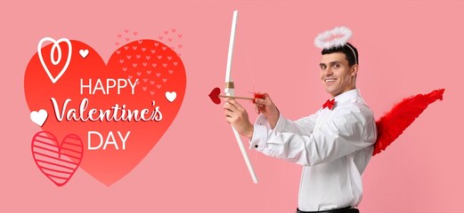 Obraz premium Young man dressed as Cupid with bow and arrow on pink background. Banner for Valentine's Day