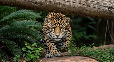 Jaguar walking through jungle