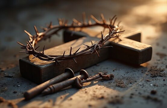 Photo features crown of thorns wooden cross and nails. Religious symbols represent Jesus Christ passion. Symbols of faith on textured surface. Easter Christian theme.