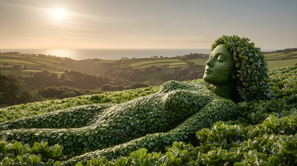 Mother earth statue reclining in lush green landscape