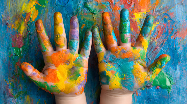 Child hands creating colorful art painting messy background