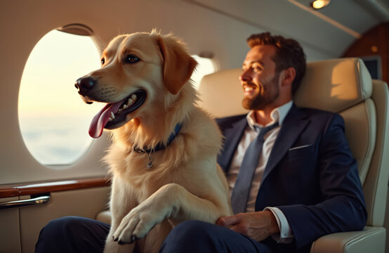 Smiling man and dog travel on private jet. Businessman with pet enjoy flight in luxury aeroplane. Wealthy person with golden retriever sits inside plane cabin.