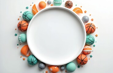Circular frame surrounds diverse sports balls. Various teams, athletes arranged around blank space. Illustration represents competition teamwork, physical activity. Suitable for design projects