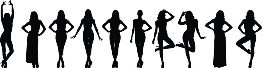 Female silhouette poses, fashion stance, dance movement, body posture, black vector, stylish women, elegant pose, standing figures, contrast art