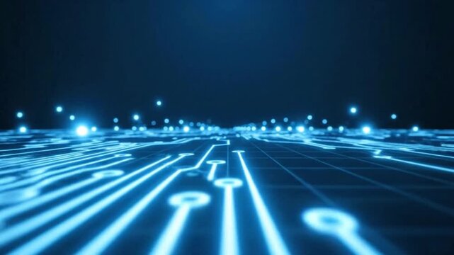 Glowing blue circuit board with lights and lines representing technology and connectivity network design