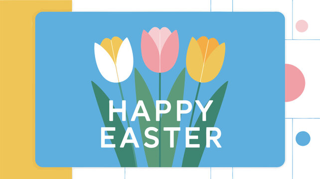 Happy easter greeting card with colorful tulips and abstract shapes on a blue background