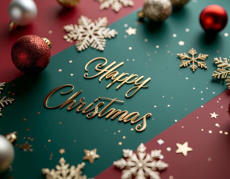 luxury elegant happy christmas greeting background with gold script text and snowflakes