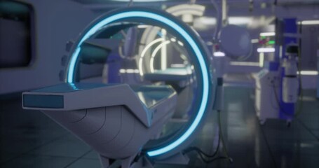 In a modern medical facility, a high tech MRI machine stands ready for use. The futuristic design, illuminated by blue light, highlights the importance of diagnostic imaging in healthcare.