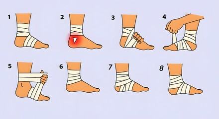 Step-by-step ankle bandaging process with numbered illustrations  
