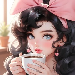 A girl with a pink bow and heart earrings holding a cup of coffee in her hands