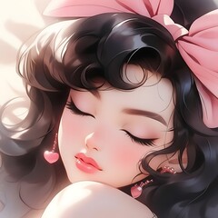 Close up of a cartoon girl with black hair and a pink bow sleeping peacefully
