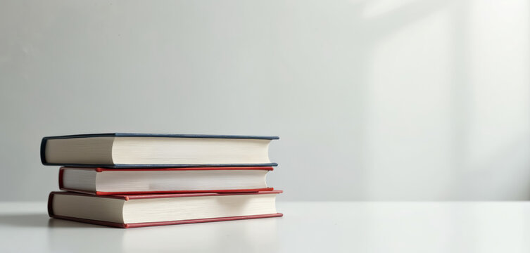 Stack of books with continuing education text on white table. Business concept with copy space. Books are stacked on top of each other. White background with sunlight.