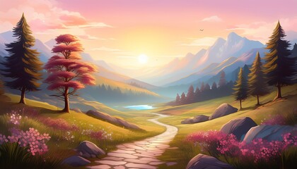 a serene stylized landscape at sunrise a path winds through a valley framed by mountains trees and rocky terrain soft pastel colors create a tranquil atmosphere