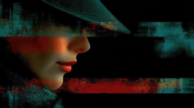 Vintage Mystery Woman in Dark Fedora with Abstract Color Overlay