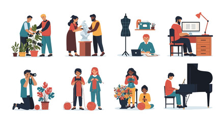 A diverse group of people engaging in various creative hobbies and activities, including gardening, sculpting, photography, knitting, playing piano, and working on computers