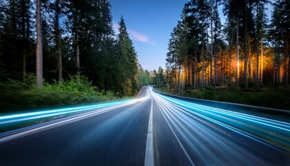 Fototapeta premium forest road with light trails nature meets technology