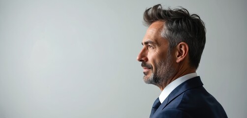Profile portrait of mature man in formal suit. Charismatic middle aged businessman with stylish grey hair and beard. Confident leader with copy space.
