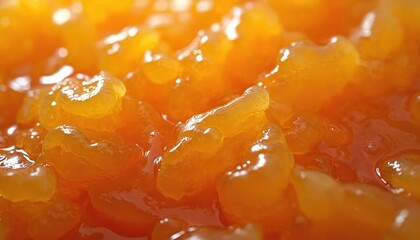 Close up photo of orange jam with gelatinous texture. Sweet and delicious preserve background. Tasty orange marmalade with glossy surface. Macro shot of homemade food for breakfast.