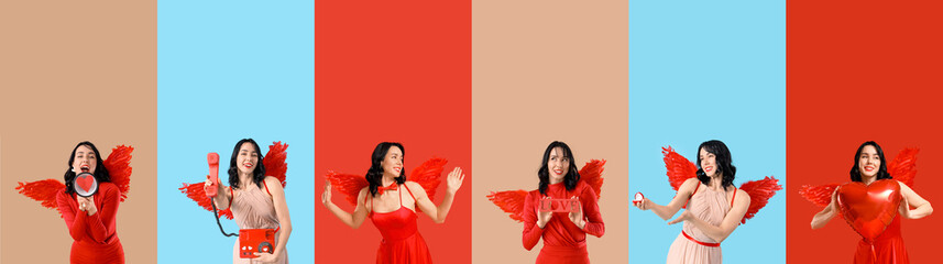 Obraz premium Set of beautiful young woman dressed as Cupid on color background. Valentine's Day celebration