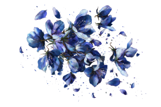 Watercolor-style painting of blue flowers with loose petals