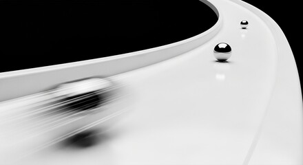 Silver ball speeding along curved white track with motion blur. High-speed data flow visualization in 6G networks and quantum communications. Next-generation technology for big data transmission and