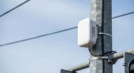 White antenna device mounted on urban utility pole near traffic light. Next-generation 6G network infrastructure for advanced wireless communication and big data transmission. Future quantum telecom