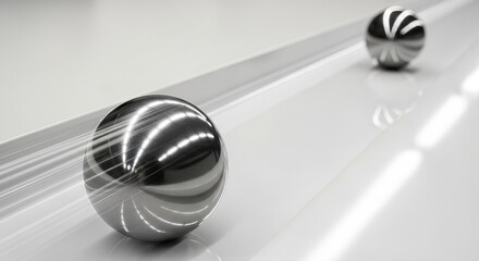 Shiny metallic sphere accelerating on reflective white surface with stationary orb nearby. Quantum communication and high-speed data transmission in 6G networks. Futuristic big data flow and