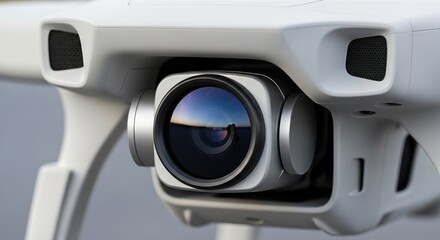 Close-up view of drone camera gimbal with blue lens reflection. Aerial surveillance technology for 6G networks and satellite internet. Big data collection and quantum communications in