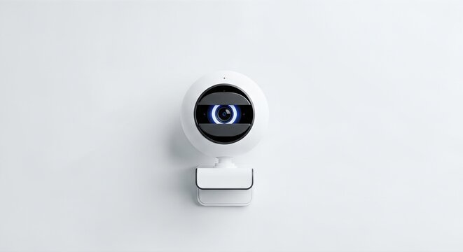Sleek white webcam device with illuminated lens. Modern communication gadget for video calls and remote collaboration. Next generation internet technology concept for digital connectivity and data - Powered by Adobe