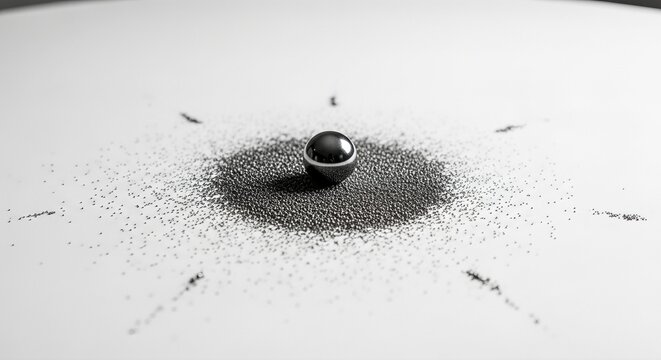 Metallic sphere surrounded by particle cloud pattern. Abstract visualization of quantum data flow in 6g networks. Innovative communication technology concept for next-generation wireless systems. - Powered by Adobe