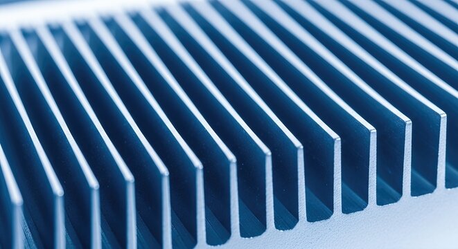 Cooling fins on aluminum heat sink in close-up view. Essential hardware for thermal management in data centers supporting 6G networks big data processing and quantum communications infrastructure.