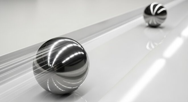 Shiny metallic sphere accelerating on reflective white surface with stationary orb nearby. Quantum communication and high-speed data transmission in 6G networks. Futuristic big data flow and