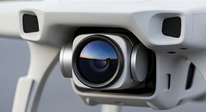 Close-up view of drone camera gimbal with blue lens reflection. Aerial surveillance technology for 6G networks and satellite internet. Big data collection and quantum communications in - Powered by Adobe