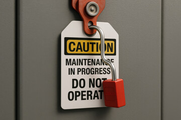 Red padlock secures lockout tagout device, critical industrial safety procedure. caution tag serves clear warning that maintenance in progress, do not operate