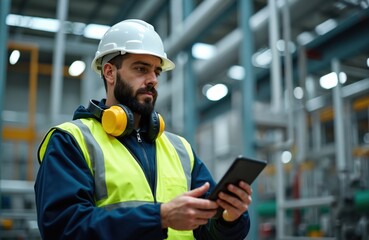 Man with beard works at modern factory. He wears helmet vest and earmuffs. Employee uses digital tablet to control production process. Industrial engineer monitors workplace.
