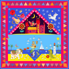 Day and night. Blanket for babies with fairy-tale animals, sea, palm trees, palace. Bright patchwork pattern for napkin, carpet, pillow, handkerchief. 