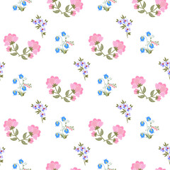 Fresh floral ornament on white background. Elegant seamless pattern. Pink, blue and purple embroidered flowers, repeating ornament. Botanical embroidery. Folk motifs.