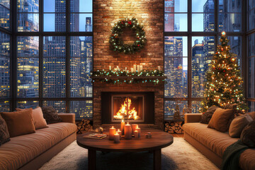 Obraz premium Cozy Christmas living room with a fireplace and city view at night, digital ms teams background, digital christmas background