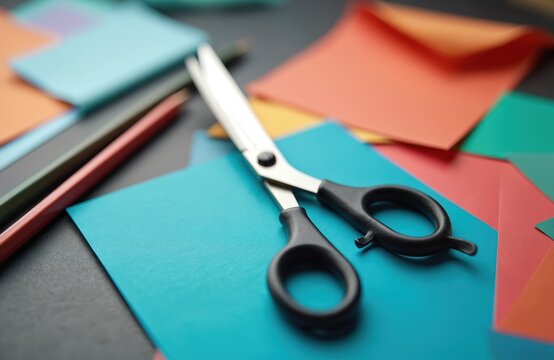 Sharp scissors rest on colorful craft papers and pencils on a dark desk, ready for creative projects. Perfect for art, hobbies, and DIY crafting activities. - Powered by Adobe