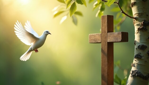White dove flies near wooden cross with soft light. Nature background with birch tree and green leaves. Holy Spirit symbol of peace and faith.