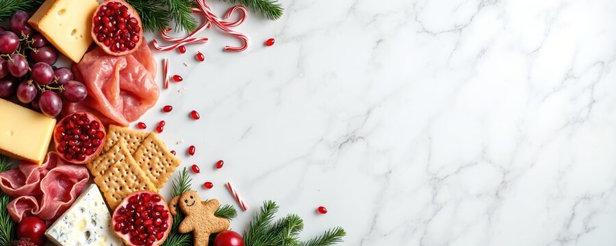 Festive charcuterie board with meat cheese crackers grapes, fruit. Christmas holiday appetizer assortment on marble background. New Year party food corner frame decoration with copy space. Delicious